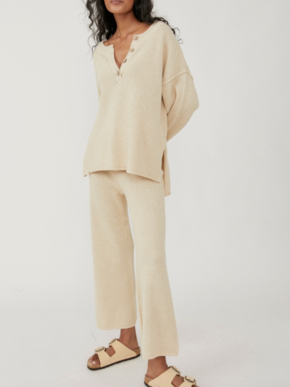 Free People Hailee Knit Cream Tan Waffle Knit Henley Sweater Set M - Picture 6 of 16